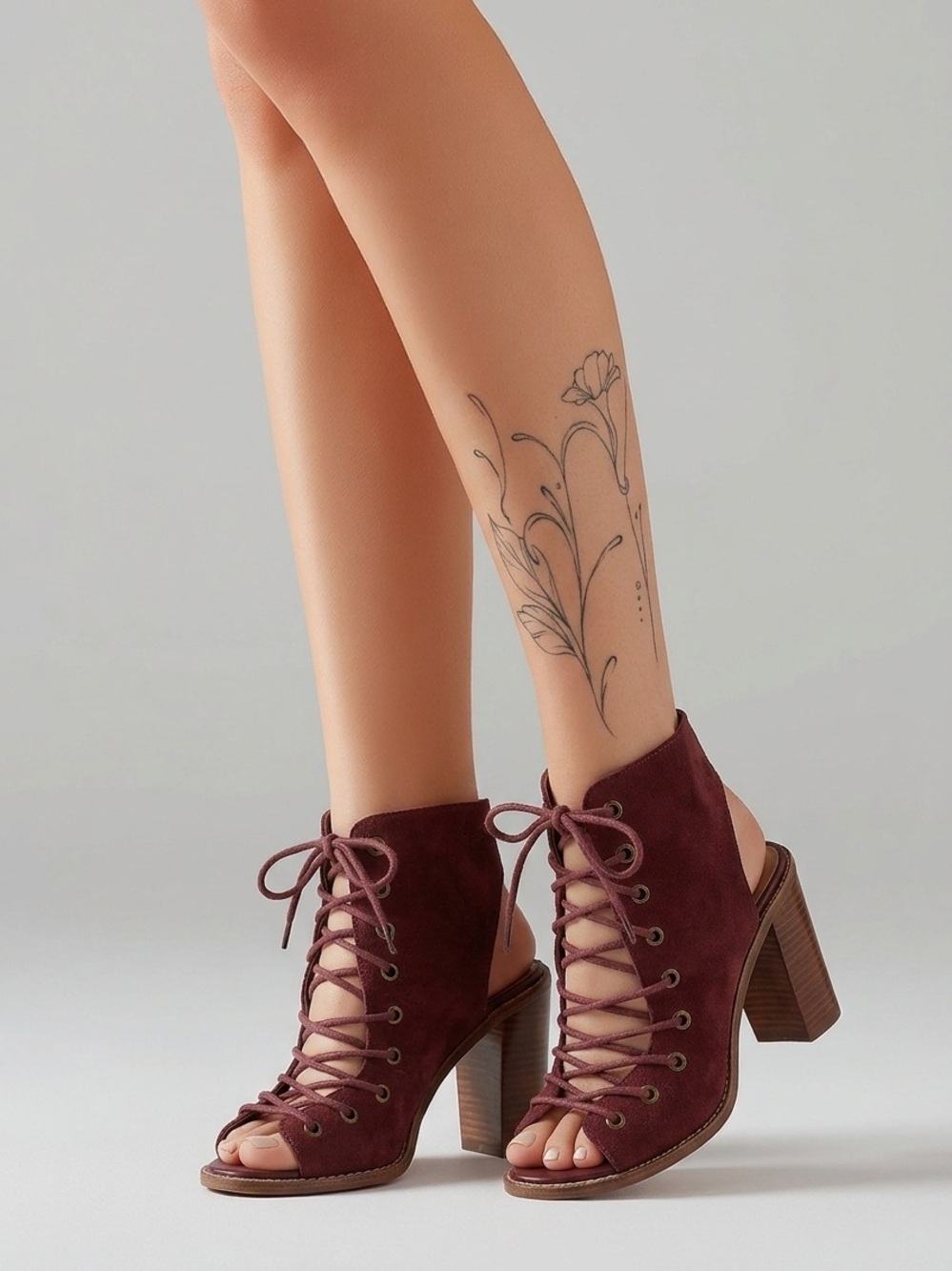 Jeffrey Campbell Burgundy Lace-Up Peep Toe Block Heel Booties